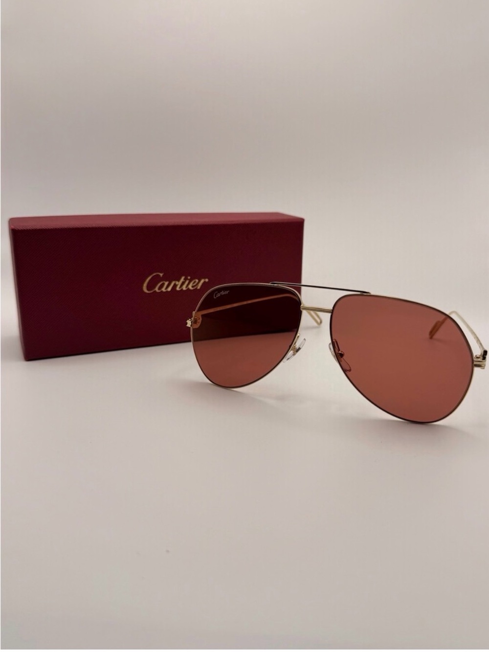 Auth Cartier Aviator Sunglasses Rose Lens Gold Frame with Box